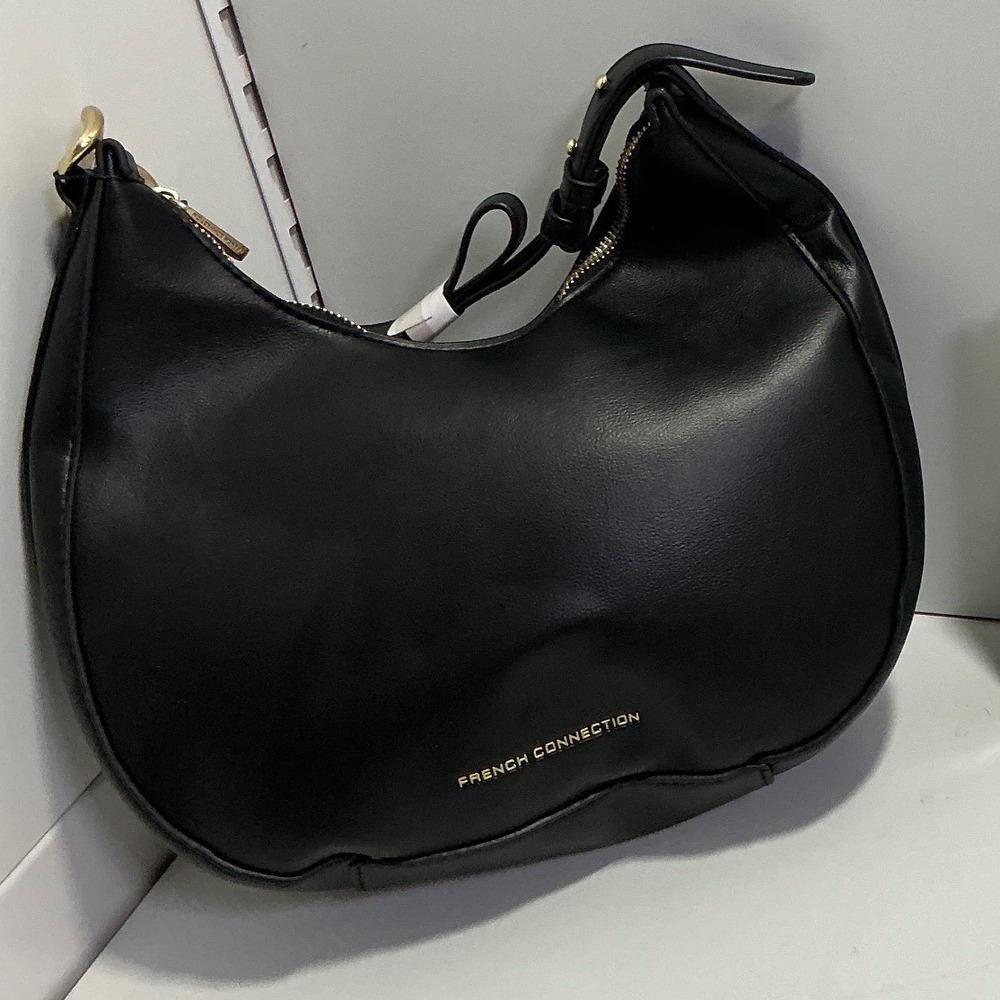French Connection Moritz Textured Smooth Hobo Bag Black Gold Hardware FCS25114